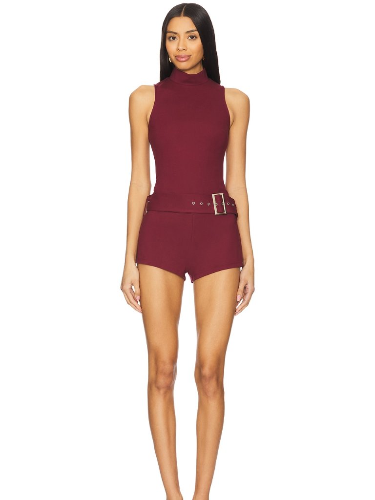 Superdown Evie Romper In Oxblood Maroon Red High Neck With Belt Turtleneck